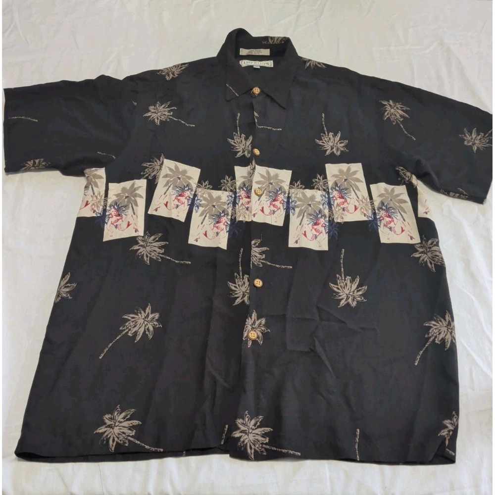 Imprints Mens Large Black Rayon Hawaiian Shirt Palm Tree Hula Girl Tropical Vtg